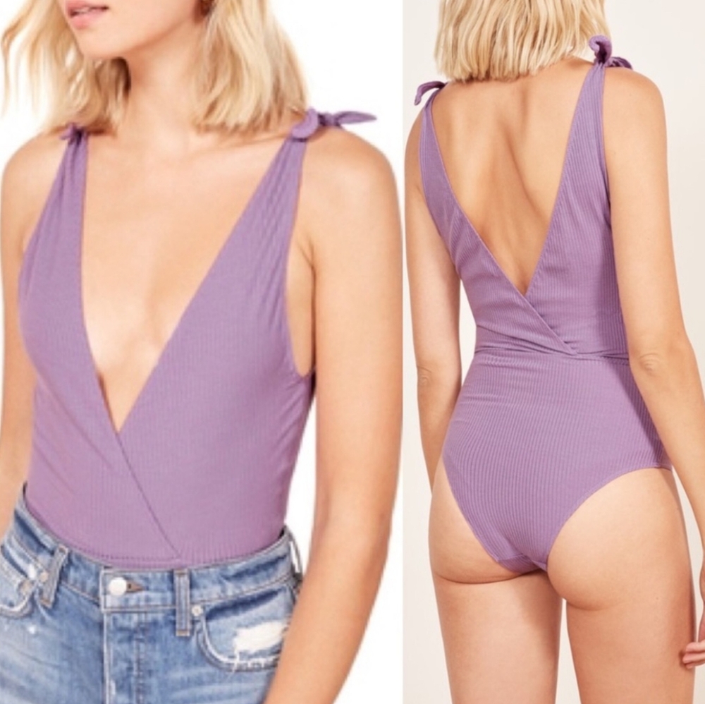 Reformation Lilac Ribbed Tie-Shoulder V-Neck Bodysuit